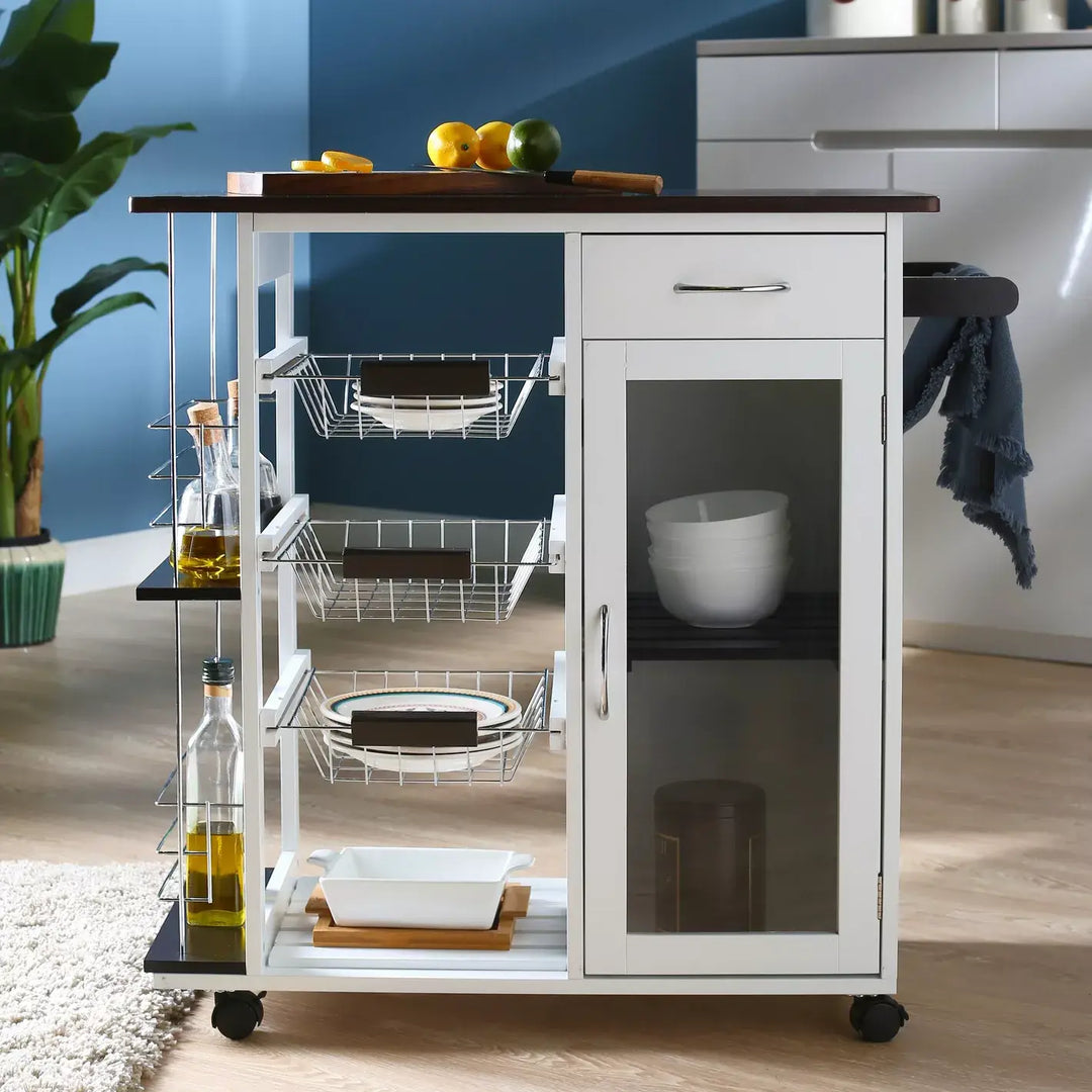 Modern Iron Kitchen Storage Trolley with Drawer, Adjustable Shelf & 2-Door Cabinet- Functional Kitchen Stand with Smart Storage
