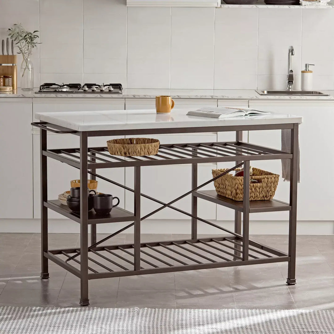 Modern Marble Top Kitchen Island with 4-Tier Storage Shelves & Metal Legs - Stylish Marble Top And Sturdy Metal Legs.