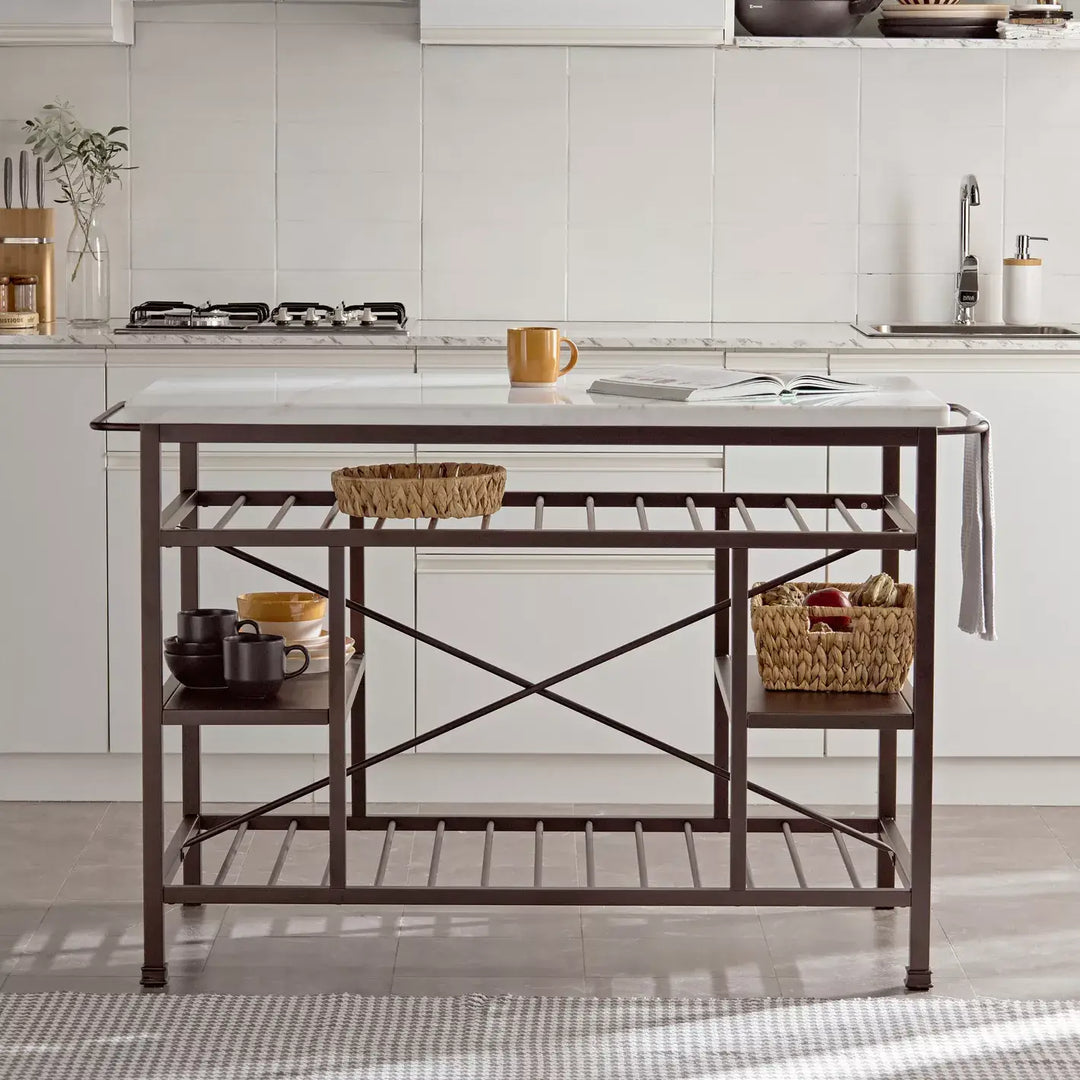 Modern Marble Top Kitchen Island with 4-Tier Storage Shelves & Metal Legs - Stylish Marble Top And Sturdy Metal Legs.