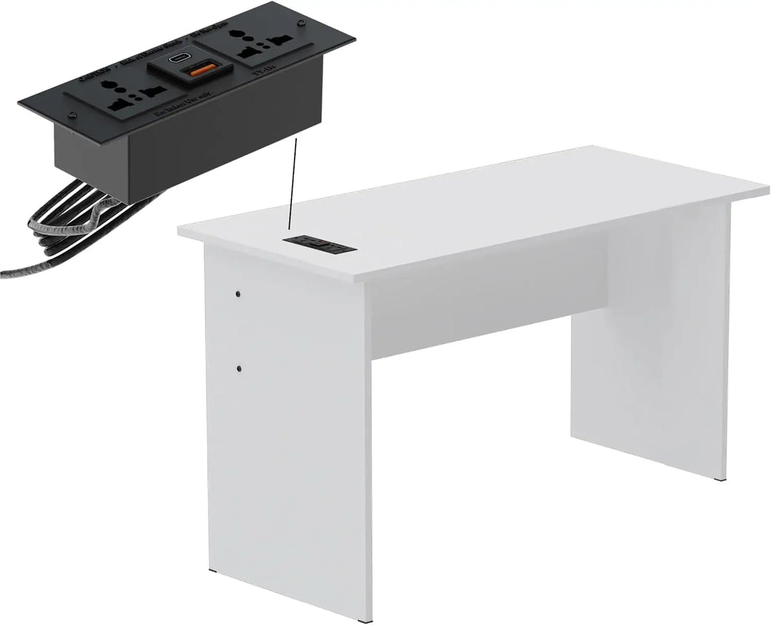 Mahmayi Modern MP1 120x60 Study Writing Table with BS01 Super Recessed Power Strip Desktop Socket Board, Modern Executive Desk for Adults, Home Offices, Schools, Laptop, Computer Workstation - WHITE