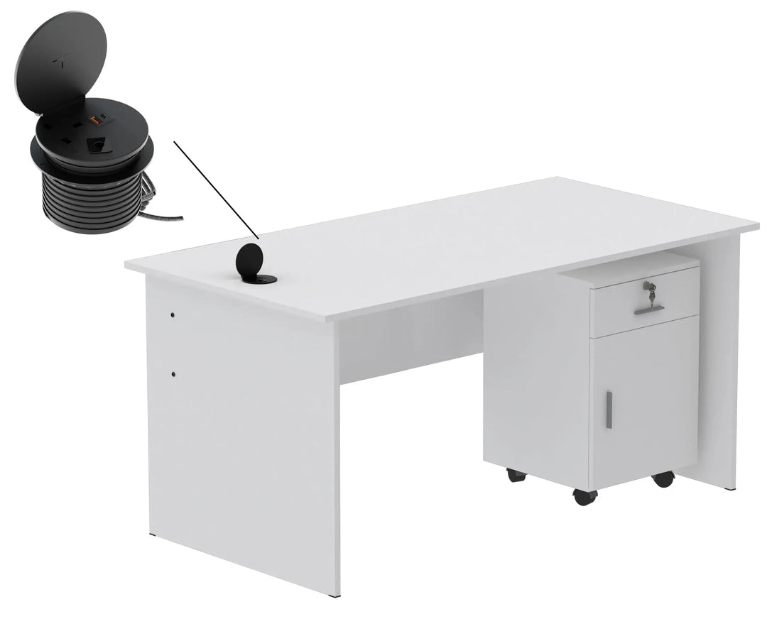 Mahmayi Modern MP1 120x60 Study Writing Table with BS01 Super Recessed Power Strip Desktop Socket Board, Modern Executive Desk for Adults, Home Offices, Schools, Laptop, Computer Workstation - WHITE