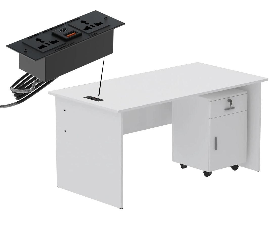 Mahmayi Modern MP1 120x60 Study Writing Table with BS01 Super Recessed Power Strip Desktop Socket Board, Modern Executive Desk for Adults, Home Offices, Schools, Laptop, Computer Workstation - WHITE