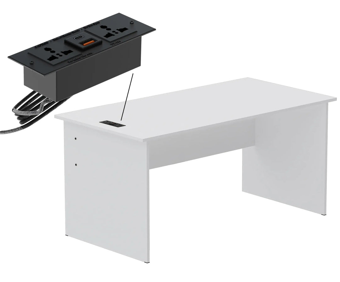 Mahmayi Modern MP1 120x60 Study Writing Table with BS01 Super Recessed Power Strip Desktop Socket Board, Modern Executive Desk for Adults, Home Offices, Schools, Laptop, Computer Workstation - WHITE