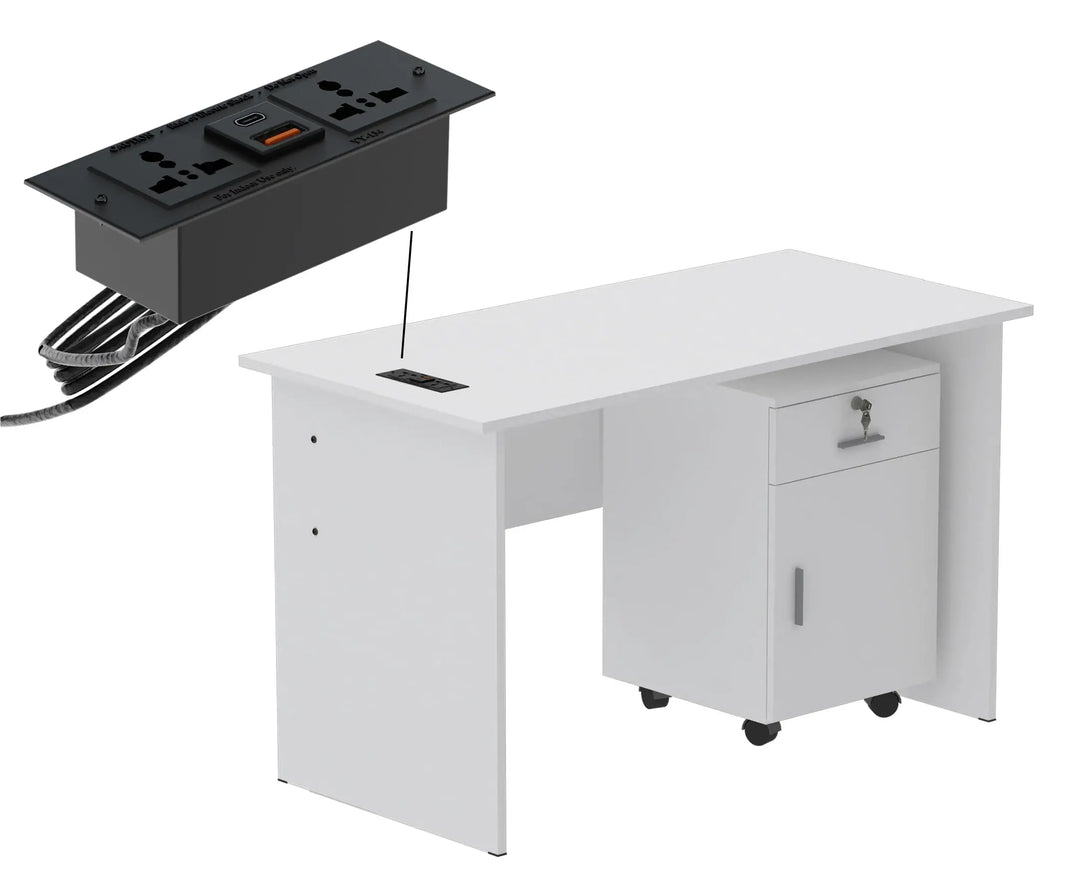 Mahmayi Modern MP1 120x60 Study Writing Table with BS01 Super Recessed Power Strip Desktop Socket Board, Modern Executive Desk for Adults, Home Offices, Schools, Laptop, Computer Workstation - WHITE