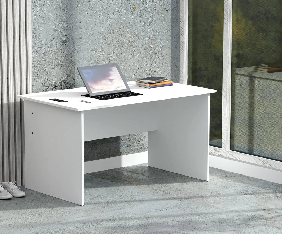 Mahmayi Modern MP1 120x60 Study Writing Table with BS01 Super Recessed Power Strip Desktop Socket Board, Modern Executive Desk for Adults, Home Offices, Schools, Laptop, Computer Workstation - WHITE