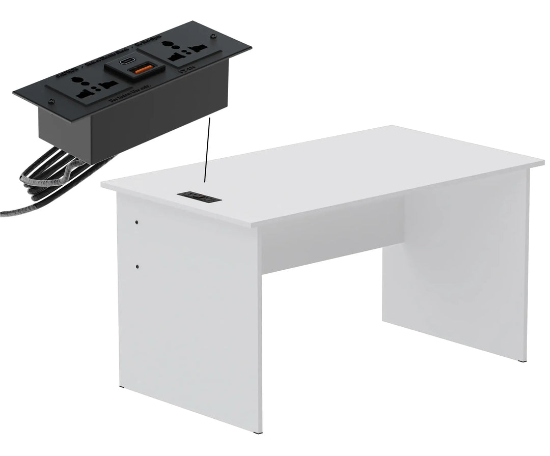Mahmayi Modern MP1 120x60 Study Writing Table with BS01 Super Recessed Power Strip Desktop Socket Board, Modern Executive Desk for Adults, Home Offices, Schools, Laptop, Computer Workstation - WHITE