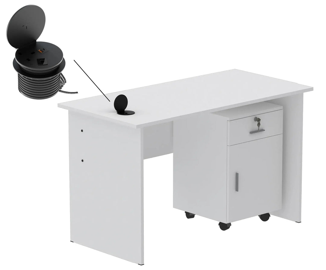 Mahmayi Modern MP1 120x60 Study Writing Table with BS01 Super Recessed Power Strip Desktop Socket Board, Modern Executive Desk for Adults, Home Offices, Schools, Laptop, Computer Workstation - WHITE