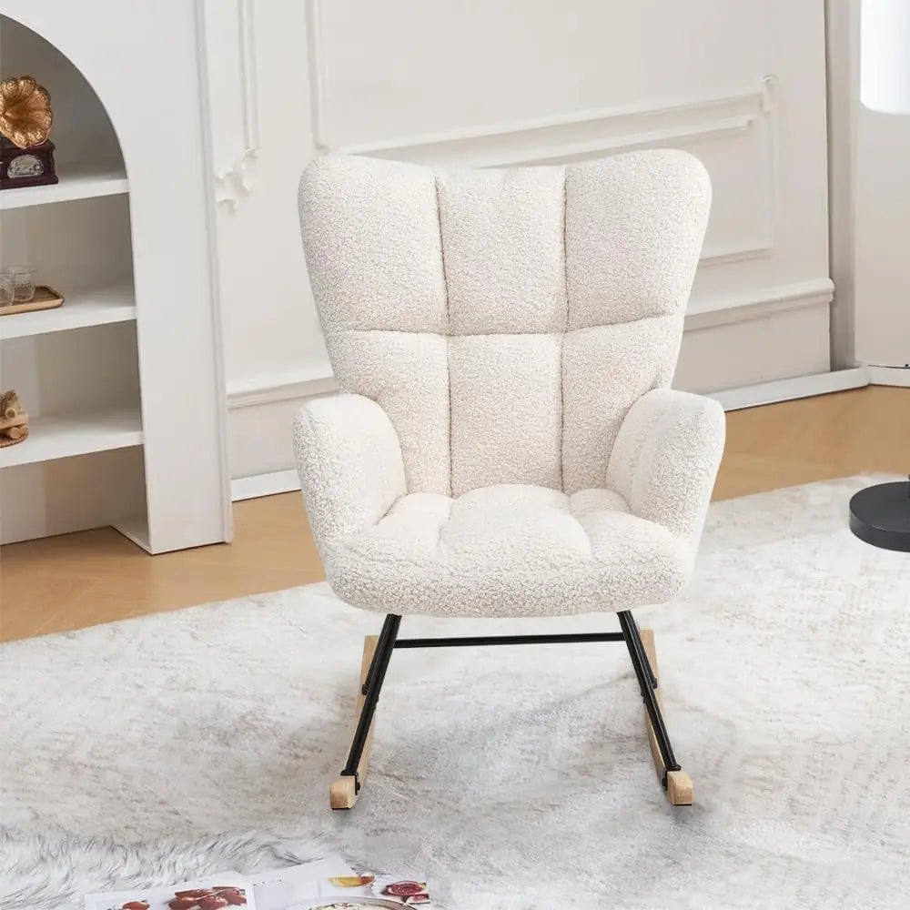 Modern Off White Rocking Chair – Soft Boucle Fabric, Ergonomic Backrest, Sturdy Metal Frame & Wooden Rocker Base – Cozy Lounge Chair for Living Room, Bedroom & Nursery (Boucle Off White)