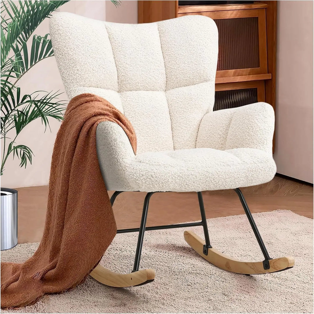 Modern Off White Rocking Chair – Soft Boucle Fabric, Ergonomic Backrest, Sturdy Metal Frame & Wooden Rocker Base – Cozy Lounge Chair for Living Room, Bedroom & Nursery (Boucle Off White)
