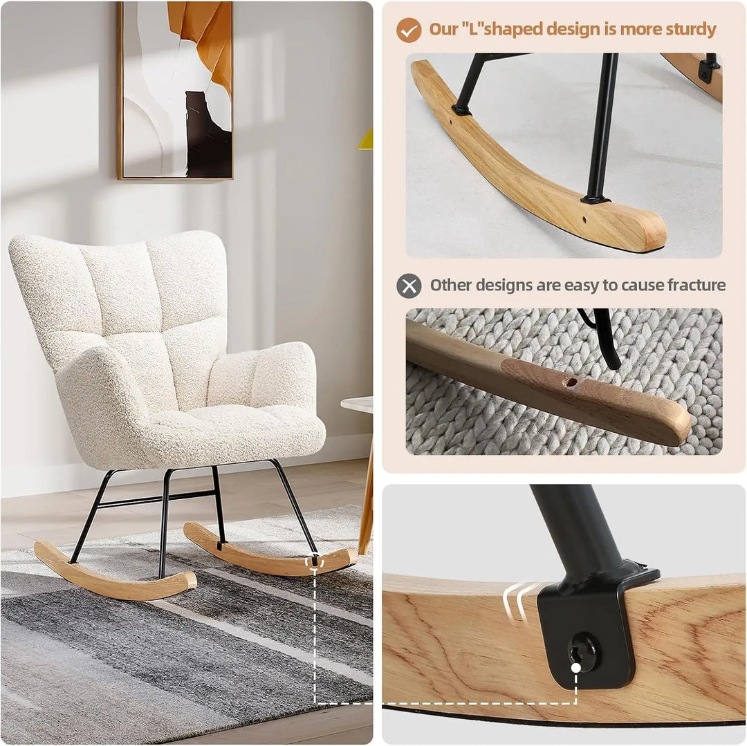 Modern Off White Rocking Chair – Soft Boucle Fabric, Ergonomic Backrest, Sturdy Metal Frame & Wooden Rocker Base – Cozy Lounge Chair for Living Room, Bedroom & Nursery (Boucle Off White)
