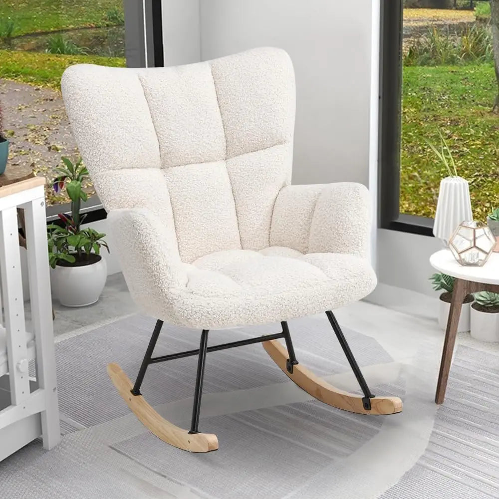 Modern Off White Rocking Chair – Soft Boucle Fabric, Ergonomic Backrest, Sturdy Metal Frame & Wooden Rocker Base – Cozy Lounge Chair for Living Room, Bedroom & Nursery (Boucle Off White)