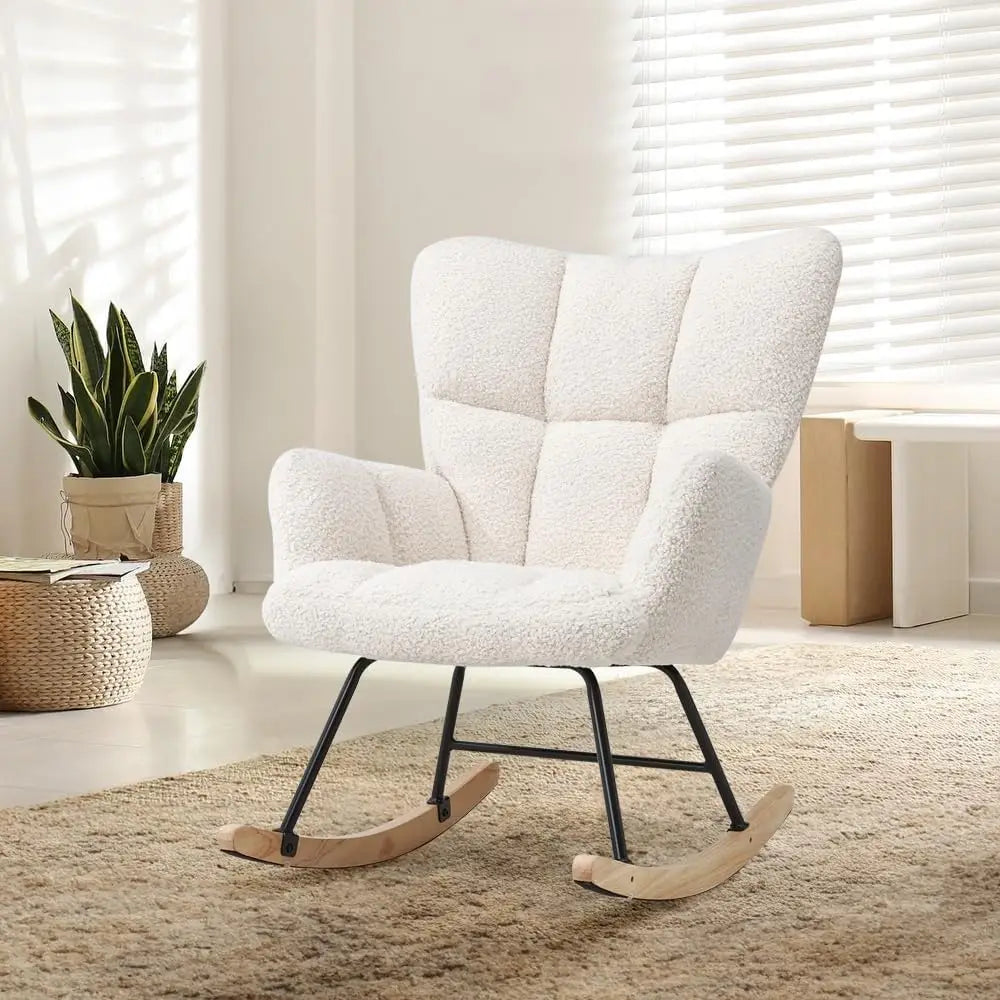 Modern Off White Rocking Chair – Soft Boucle Fabric, Ergonomic Backrest, Sturdy Metal Frame & Wooden Rocker Base – Cozy Lounge Chair for Living Room, Bedroom & Nursery (Boucle Off White)