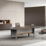 Load image into Gallery viewer, Modern office meeting table with smart wire hubs brown featuring a sleek dark gray surface and metallic legs with vertical slats