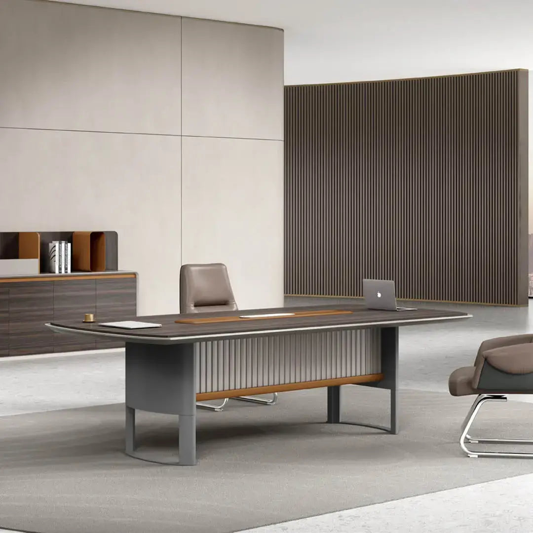 Modern office meeting table with smart wire hubs brown featuring a sleek dark gray surface and metallic legs with vertical slats