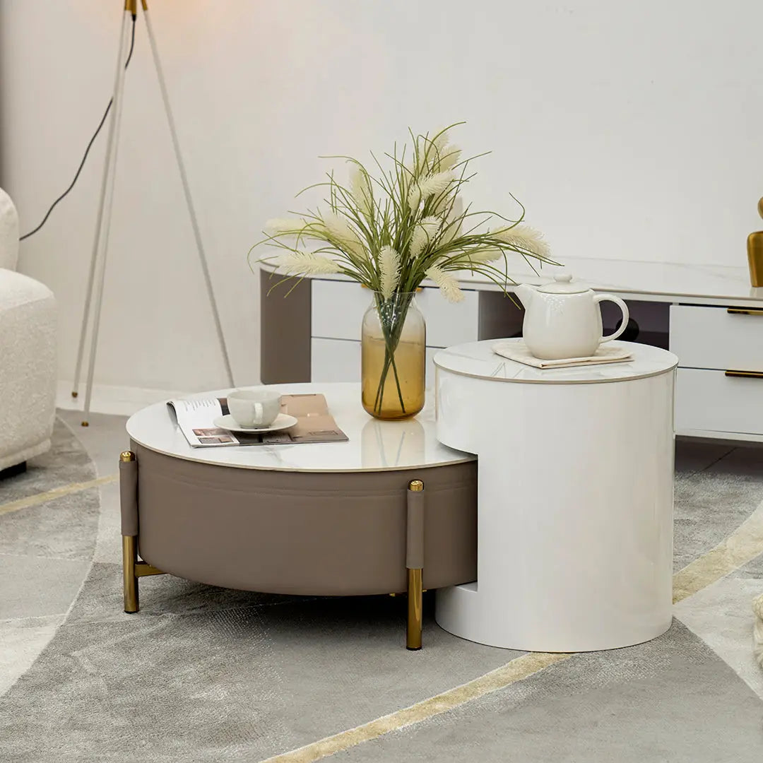 Modern Round Coffee Table Set – Champagne & White (2-Piece)