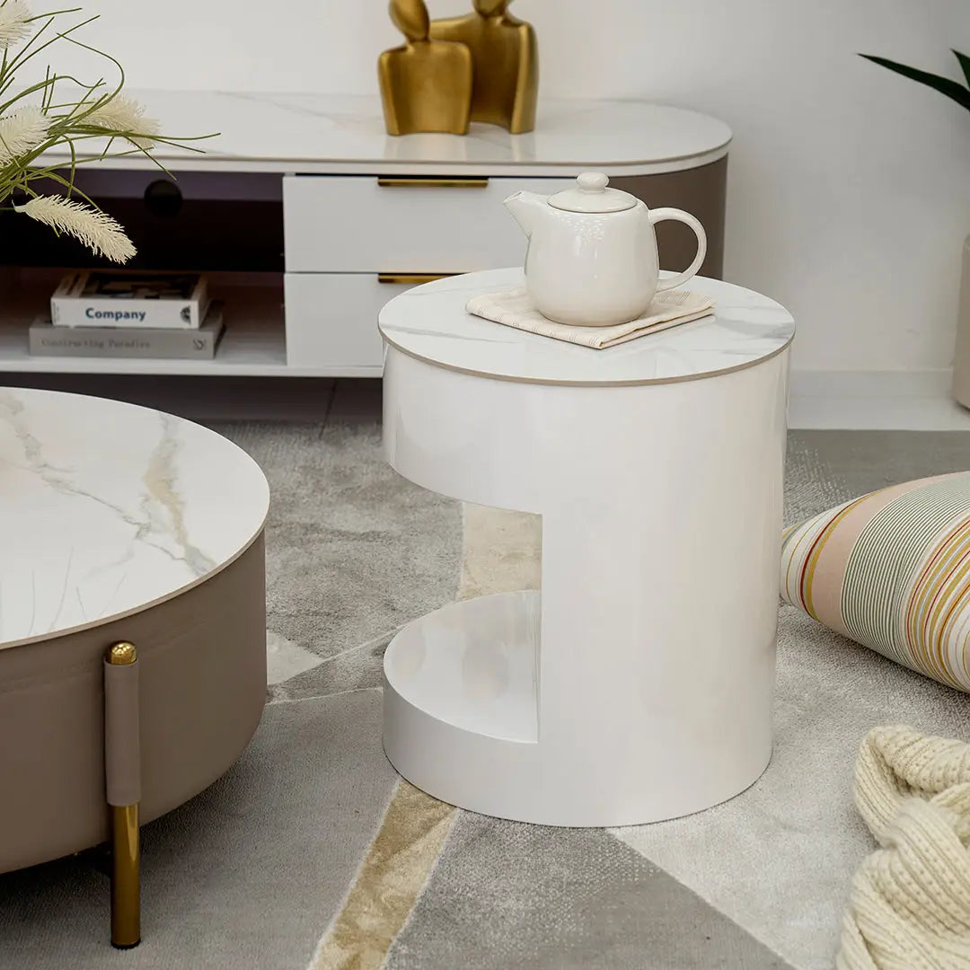 Modern Round Coffee Table Set – Champagne & White (2-Piece)