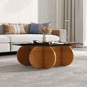 Modern Round Coffee Table with Solid Wood Legs and Rustic Circle Center Cocktail Table with Tempered Glass-Top-GCC Home Center