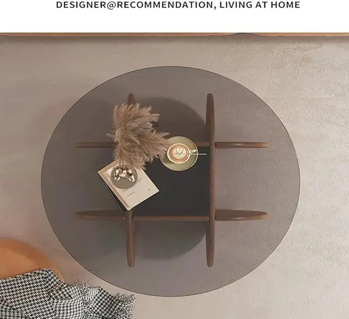 Modern Round Coffee Table with Solid Wood Legs and Rustic Circle Center Cocktail Table with Tempered Glass-Top-GCC Home Center