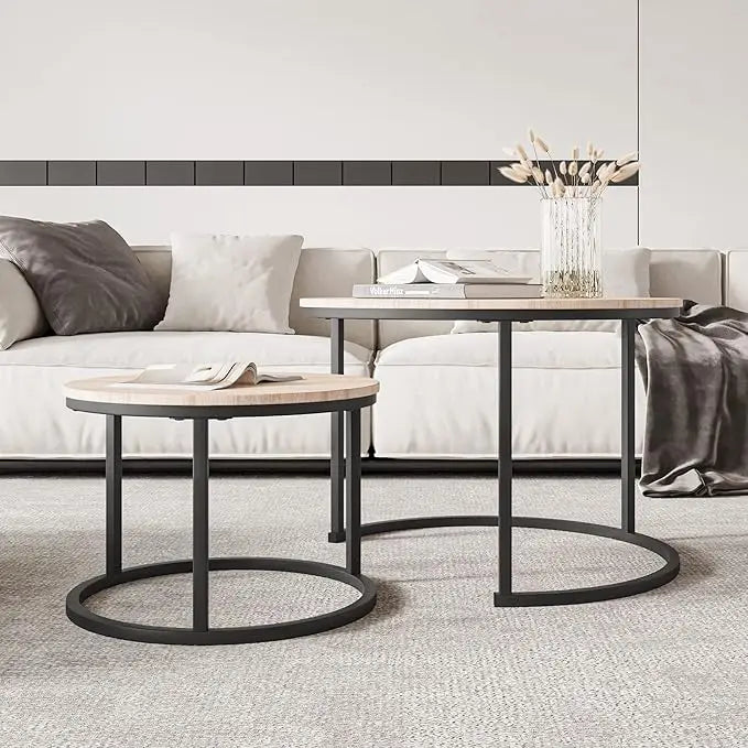 Modern Round Nesting Coffee Table Set Of 2 - Black & Natural Oak-GCC Home Center