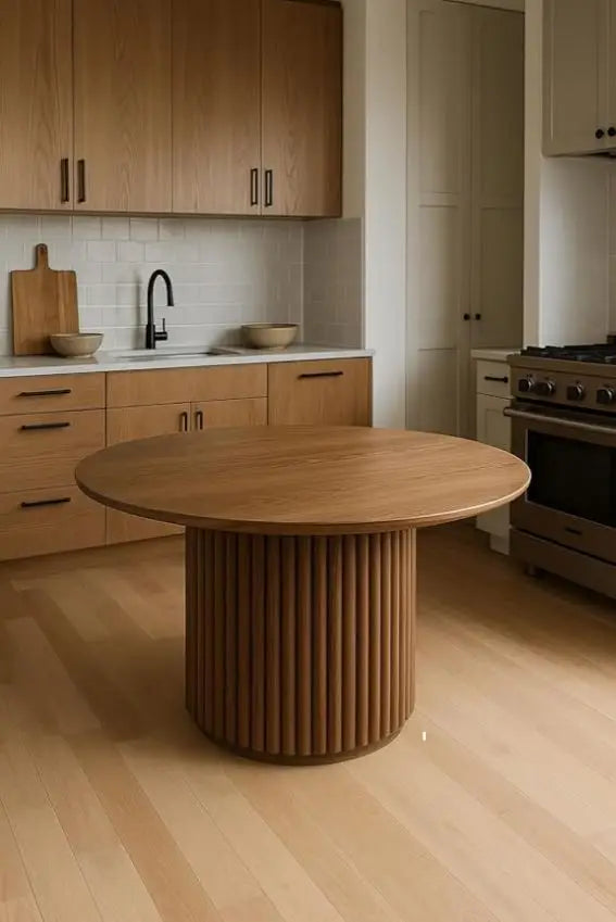 Modern Round Wooden Dining Table - 110 cm - Wood Top with Sturdy Base, Seats 6 Person