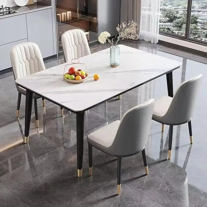 Modern Sintered Stone Dining Table Set with 4 Curved Chairs – Rectangular Kitchen Furniture - 4 Concave Curve Chair Set for Kitchen