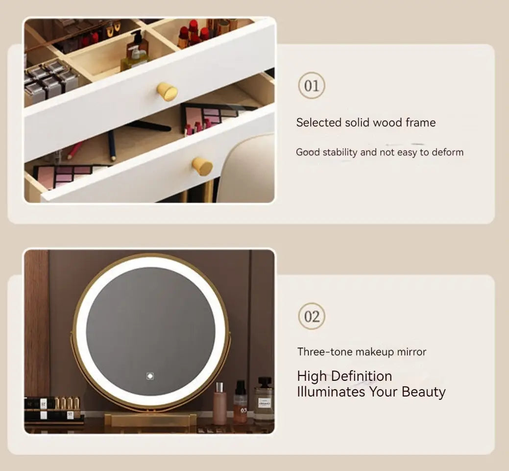 Modern Solid Wood Makeup Vanity Table Set with Smart Mirror and LED Lighting-GCC Home Center
