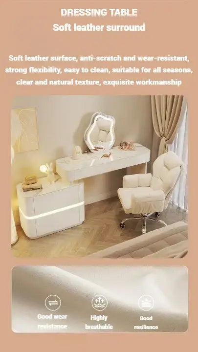 Modern White Dressing Table with LED Mirror - Sleek Makeup Vanity Desk with Slate Marble Finish and Soft-Close Drawers-GCC Home Center