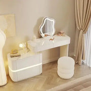 Modern White Dressing Table with LED Mirror - Sleek Makeup Vanity Desk with Slate Marble Finish and Soft-Close Drawers-GCC Home Center