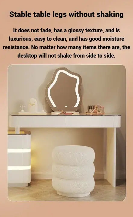 Modern White Dressing Table with LED Mirror - Sleek Makeup Vanity Desk with Slate Marble Finish and Soft-Close Drawers-GCC Home Center