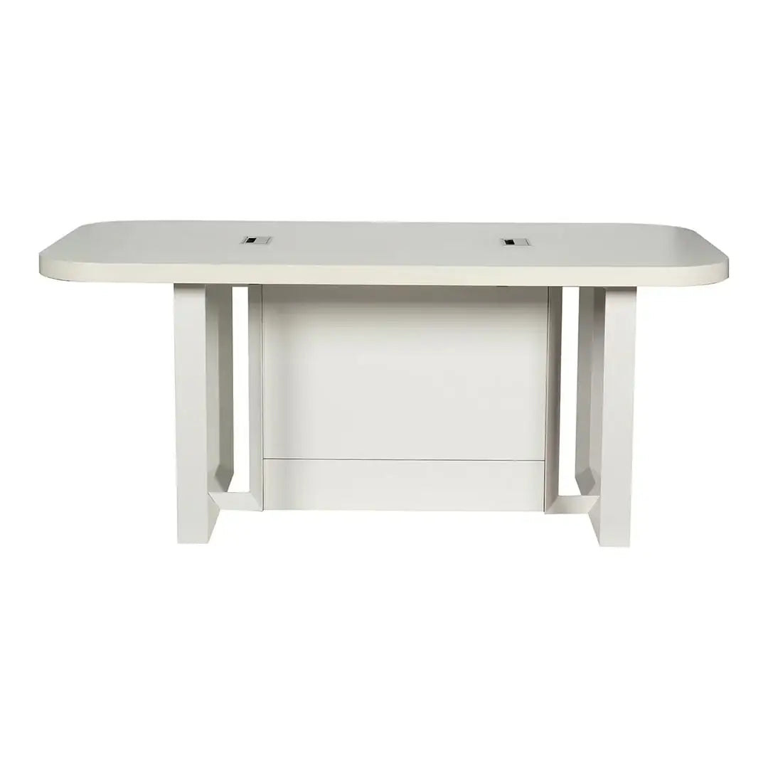 Modern white meeting table with sleek minimalist design integrated power ports and cable management scratch resistant