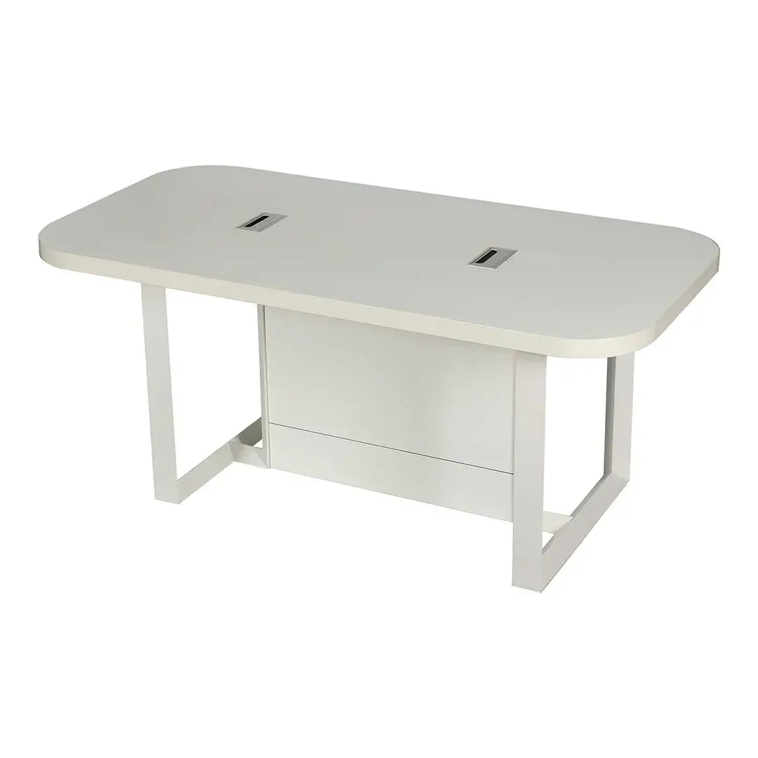 Modern white meeting table with sleek minimalist design integrated power ports and cable management in multiple sizes