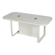 Modern white meeting table with sleek minimalist design integrated power ports and cable management in multiple sizes