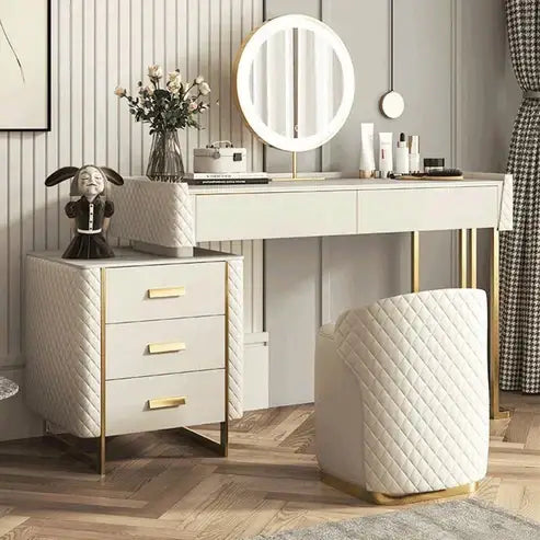 Modern White Vanity Table with LED Mirror and Marble Top-GCC Home Center