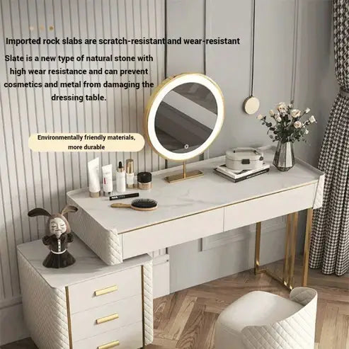 Modern White Vanity Table with LED Mirror and Marble Top-GCC Home Center