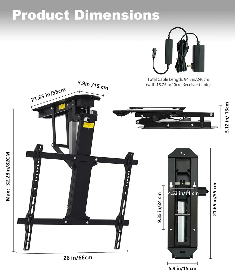 Motorized Ceiling TV Mount, 32–70 in TVs, 88 lb Capacity | Motorized flip down, 0–80° tilt, Supports 32–70" TVs up to 88 lbs，Fits flat and select angled ceilings