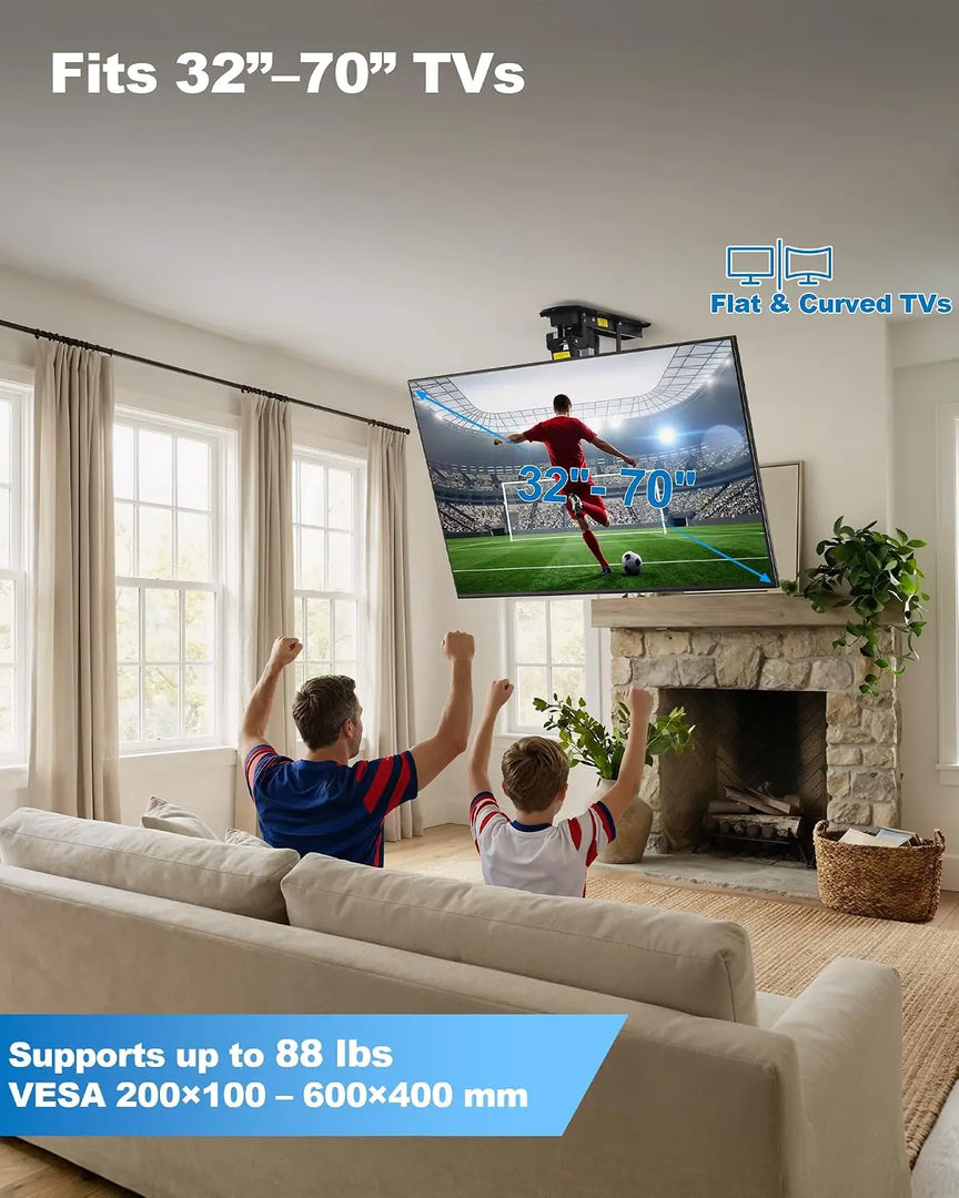 Motorized Ceiling TV Mount, 32–70 in TVs, 88 lb Capacity | Motorized flip down, 0–80° tilt, Supports 32–70" TVs up to 88 lbs，Fits flat and select angled ceilings