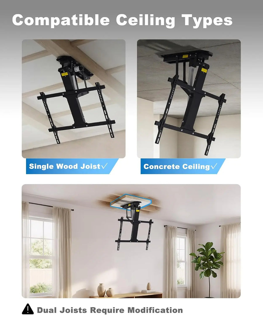 Motorized Ceiling TV Mount, 32–70 in TVs, 88 lb Capacity | Motorized flip down, 0–80° tilt, Supports 32–70" TVs up to 88 lbs，Fits flat and select angled ceilings