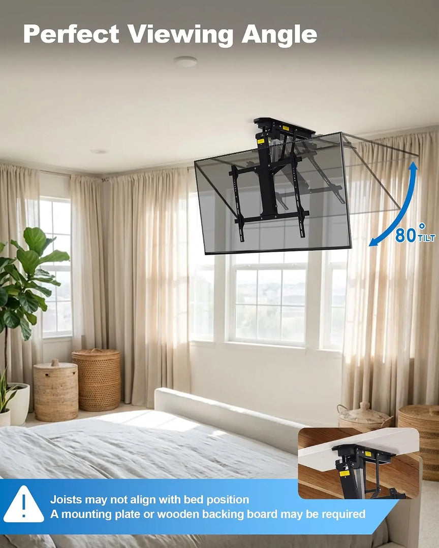 Motorized Ceiling TV Mount, 32–70 in TVs, 88 lb Capacity | Motorized flip down, 0–80° tilt, Supports 32–70" TVs up to 88 lbs，Fits flat and select angled ceilings