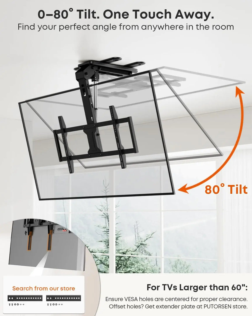 Motorized Ceiling TV-Mount Flip Down - 43 to 86 Inch Electric TV-Mount Motorized Drop Down with Remote, Max Load 99 lbs, Max VESA 800x400 mm, Black