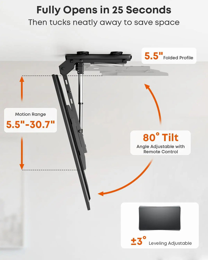 Motorized Ceiling TV-Mount Flip Down - 43 to 86 Inch Electric TV-Mount Motorized Drop Down with Remote, Max Load 99 lbs, Max VESA 800x400 mm, Black