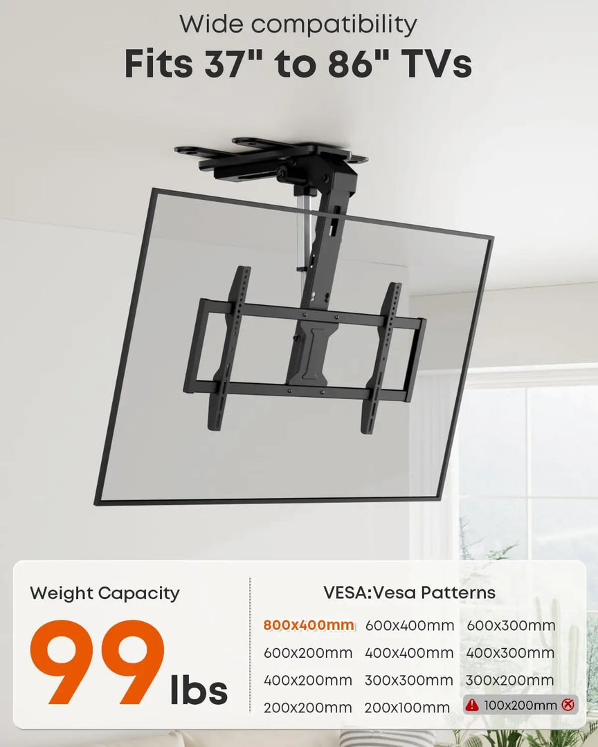 Motorized Ceiling TV-Mount Flip Down - 43 to 86 Inch Electric TV-Mount Motorized Drop Down with Remote, Max Load 99 lbs, Max VESA 800x400 mm, Black