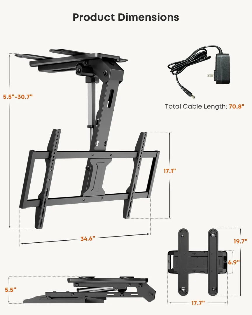 Motorized Ceiling TV-Mount Flip Down - 43 to 86 Inch Electric TV-Mount Motorized Drop Down with Remote, Max Load 99 lbs, Max VESA 800x400 mm, Black