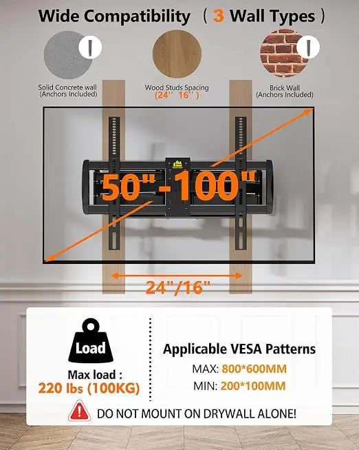 MOUNT Heavy Duty TV Wall Mount for 42-110" TVs up to 220lbs with 8.2" Sliding Moving for Screen Centering, Full Motion TV Mount Fit 24"-16" Studs with Swivel,Tilt&Level, Max VESA 800x600mm