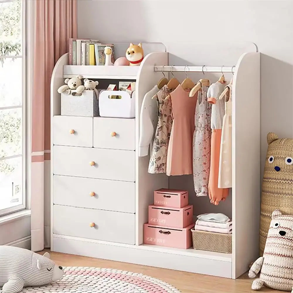 MUMOO BEAR Creative Kids Wardrobe, Wooden Cabinet with 5 Drawers and Hanging Area for Clothes Storage Organizer, Modern Closet Heavy Duty Bedroom Furniture for Boys Girls, YN011 (Pink)-GCC Home Center
