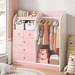 Load image into Gallery viewer, MUMOO BEAR Creative Kids Wardrobe, Wooden Cabinet with 5 Drawers and Hanging Area for Clothes Storage Organizer, Modern Closet Heavy Duty Bedroom Furniture for Boys Girls, YN011 (Pink)-GCC Home Center