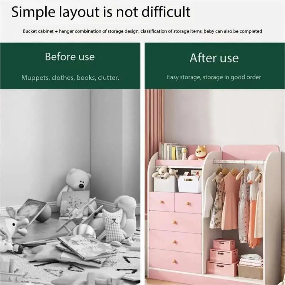 MUMOO BEAR Creative Kids Wardrobe, Wooden Cabinet with 5 Drawers and Hanging Area for Clothes Storage Organizer, Modern Closet Heavy Duty Bedroom Furniture for Boys Girls, YN011 (Pink)-GCC Home Center