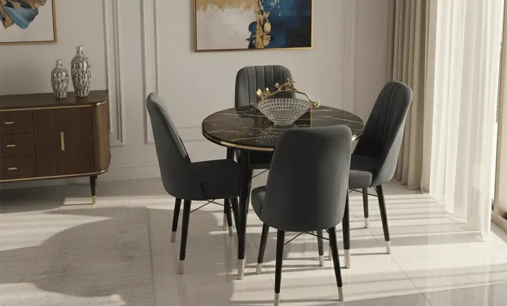 Natural Wood Round Dining Set 4-Seater (Black)