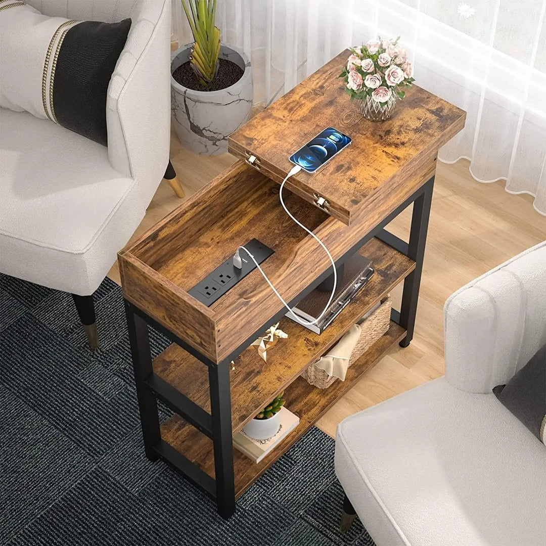 NeoStyle Side Table with Charging Station, Nightstand with USB Ports and Outlets,Flip Top Open Narrow Sofa End Table with Storage Shelf for Living Room, Bedroom