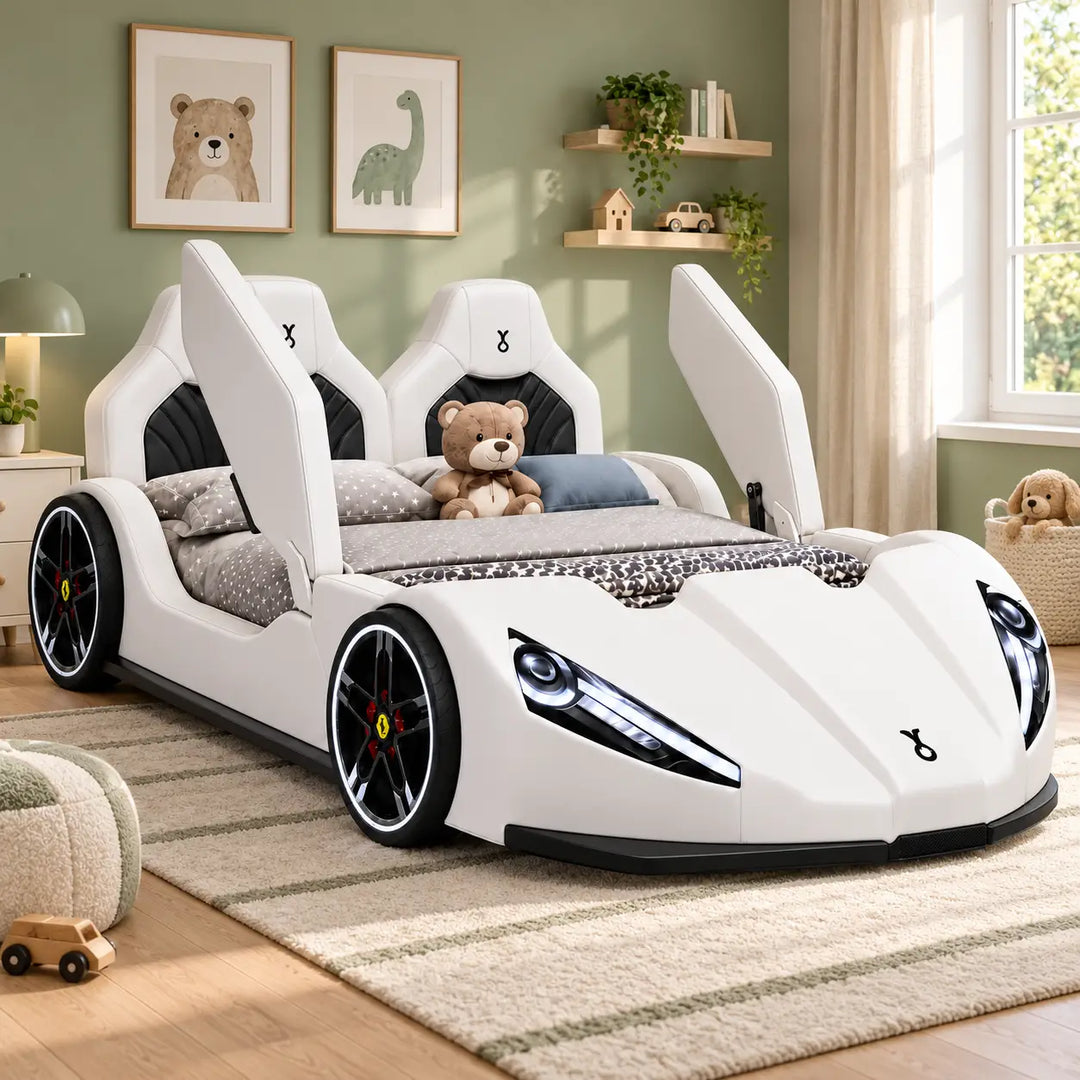 New Designer Car Shaped Children Bed Modern Black Boys High End Cartoon Upholstered Comfortable School Use Wood Frame