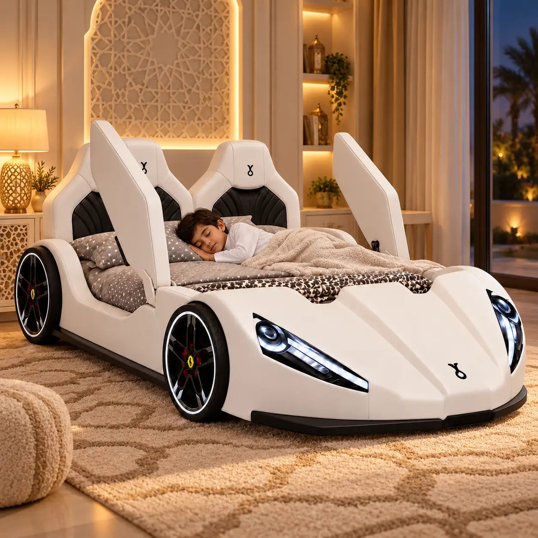 New Designer Car Shaped Children Bed Modern Black Boys High End Cartoon Upholstered Comfortable School Use Wood Frame